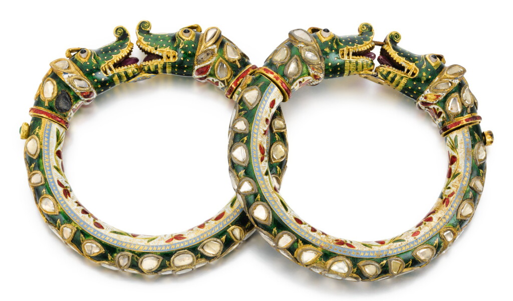 View full screen - View 1 of Lot 498. A PAIR OF GEM-SET AND ENAMELLED BRACELETS (KARA), NORTH INDIA, MID-19TH CENTURY.