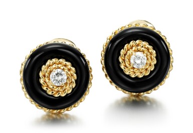 View full screen - View 1 of Lot 7. PAIR OF ONYX AND DIAMOND EARCLIPS, VAN CLEEF & ARPELS, 1960S.