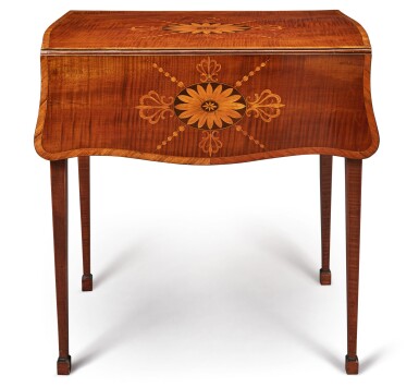 View full screen - View 1 of Lot 205. A GEORGE III MAHOGANY, HAREWOOD AND SYCAMORE MARQUETRY PEMBROKE TABLE, CIRCA 1780.