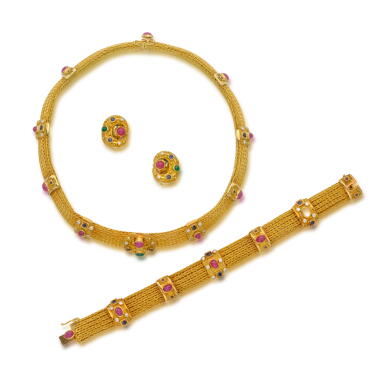 View full screen - View 1 of Lot 292. Gold, Ruby, Emerald, Sapphire and Diamond Suite of Jewels.