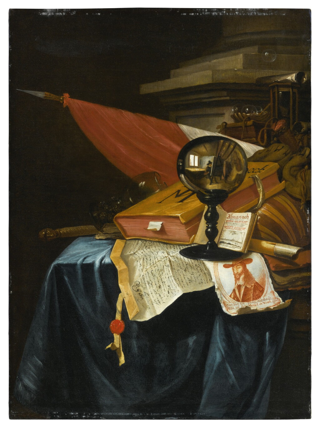 View full screen - View 1 of Lot 87. VINCENT LAURENSZ. VAN DER VINNE I | A VANITAS STILL LIFE WITH A CRYSTAL BALL REFLECTING AN IMAGE OF THE ARTIST AT HIS EASEL, A BOOK, A LUTE, A FLAG, A CHIPPED ROEMER, A FLUTE, A BATON, AN HOURGLASS, AN OPEN BOOK SHOWING A VIEW OF ANTWERP, AN ENGRAVED PORTRAIT OF KING CHARLES I, AND A CHARTER WITH A SEAL ON A PARTIALLY DRAPED TABLE BEFORE A PILLAR.