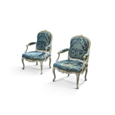 View full screen - View 1 of Lot 807. A pair of Louis XV blue-painted armchairs, circa 1760, stamped by Jean-Baptiste Lebas .