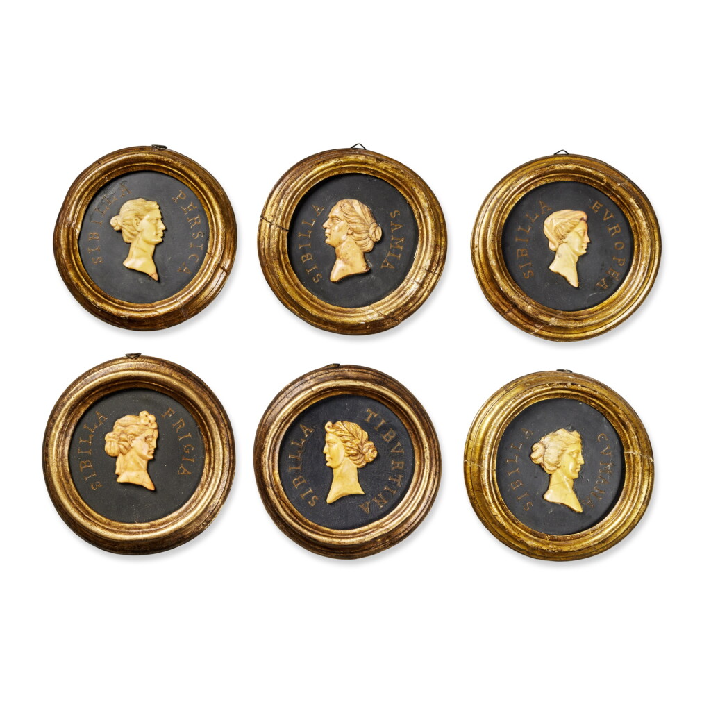 View full screen - View 1 of Lot 265. A Set of Six Italian Framed Carved Marble Portraits of Sibyls, Early 19th Century .