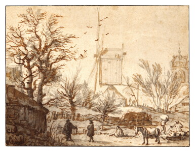 View full screen - View 1 of Lot 135. Winter Landscape with figures and a horse, a mill amongst buildings and trees behind.