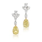 Pair of Fancy Yellow Diamond and Diamond Pendent Earrings | 4.00及4.00克拉 彩黃色鑽石 配 鑽石 耳墜一對