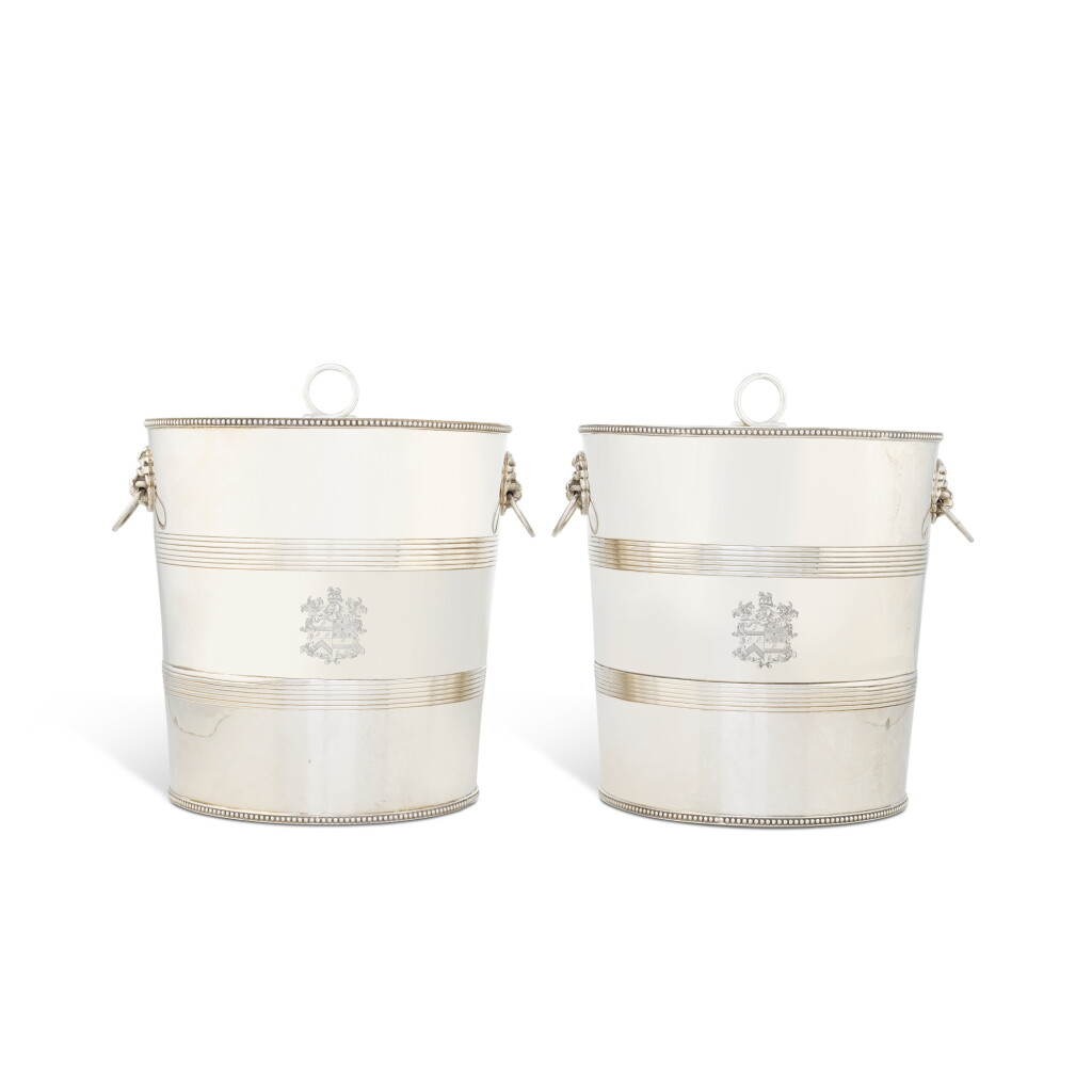 View full screen - View 1 of Lot 121. A large pair of silver wine coolers/ice pails, maker's mark 'EMK', London, 1994.