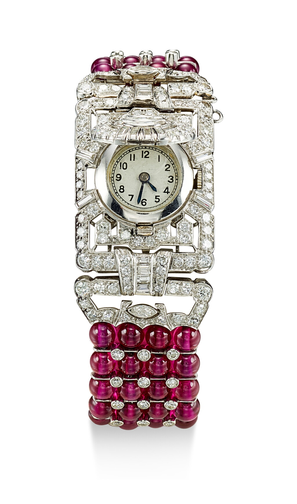 View full screen - View 1 of Lot 9147. SYNTHETIC RUBY AND DIAMOND BRACELET-WATCH | 合成紅寶石 配 鑽石 腕錶.