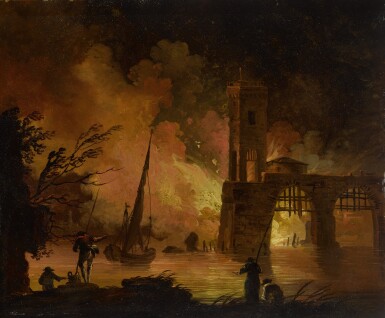 View full screen - View 1 of Lot 288. FRANCESCO FIDANZA | A MOONLIT MEDITERRANEAN HARBOR WITH A COASTAL TOWER AND FIGURES WATCHING A FIRE.