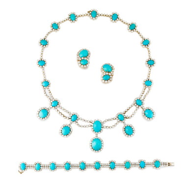 View full screen - View 1 of Lot 762. Parure turquoises et diamants | Turquoise and diamond parure.