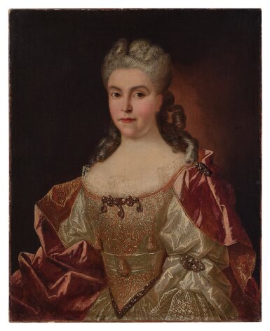 View full screen - View 1 of Lot 22. Portrait of a lady, half-length, wearing a gold-embroidered white silk dress and red shawl.