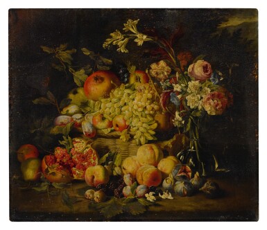 View full screen - View 1 of Lot 649. Still life of flowers and fruits, including pomegranates, peaches, and grapes.