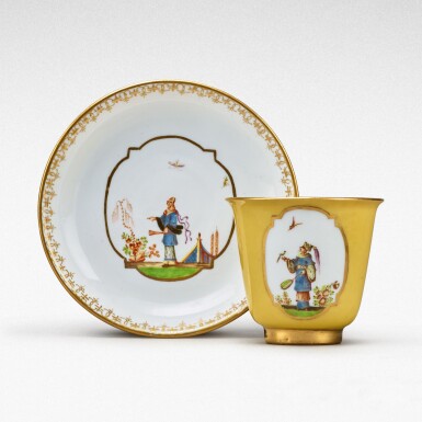 View full screen - View 1 of Lot 96. A Meissen Augustus Rex yellow-ground chocolate cup and saucer, Circa 1727 .