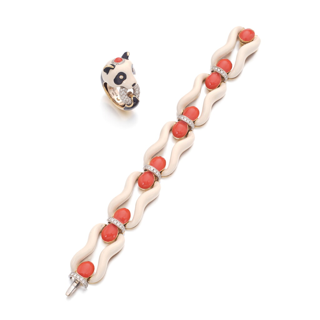 View full screen - View 1 of Lot 874. Enamel and diamond bracelet and ring.
