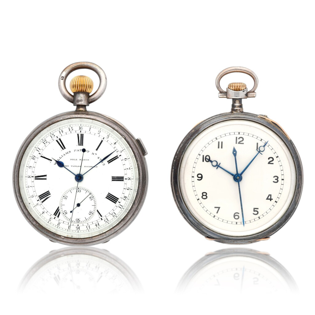View full screen - View 1 of Lot 225. A silver open-faced Williams patent keyless winding watch with central quarter seconds indication and stop slide together with a silver open-faced centre seconds keyless lever watch 1904, no. 37802.