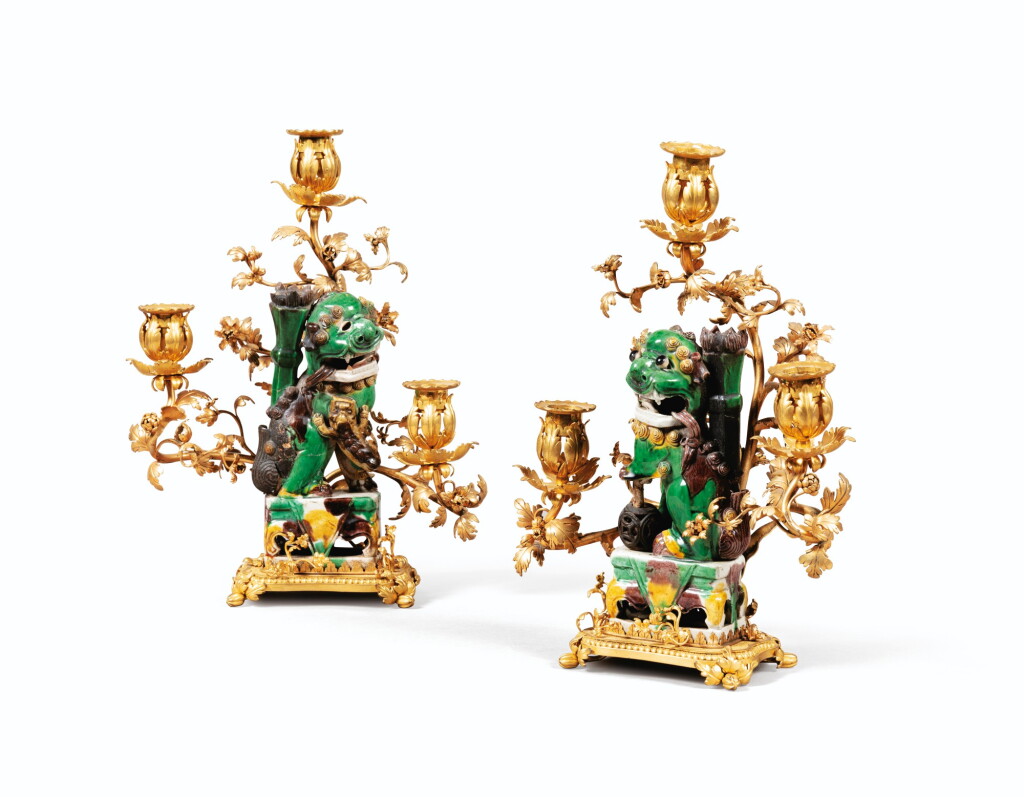 View full screen - View 1 of Lot 118. A pair of Louis XV style gilt-bronze mounted and Kangxi (1661-1722) porcelain candelabra .