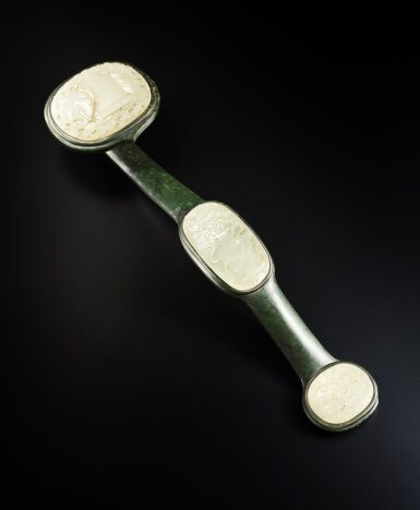 View full screen - View 1 of Lot 295. A white jade-inset spinach-green jade ruyi scepter, Qing dynasty, 19th century | 清十九世紀 碧玉鑲白玉雕太平有象紋如意.