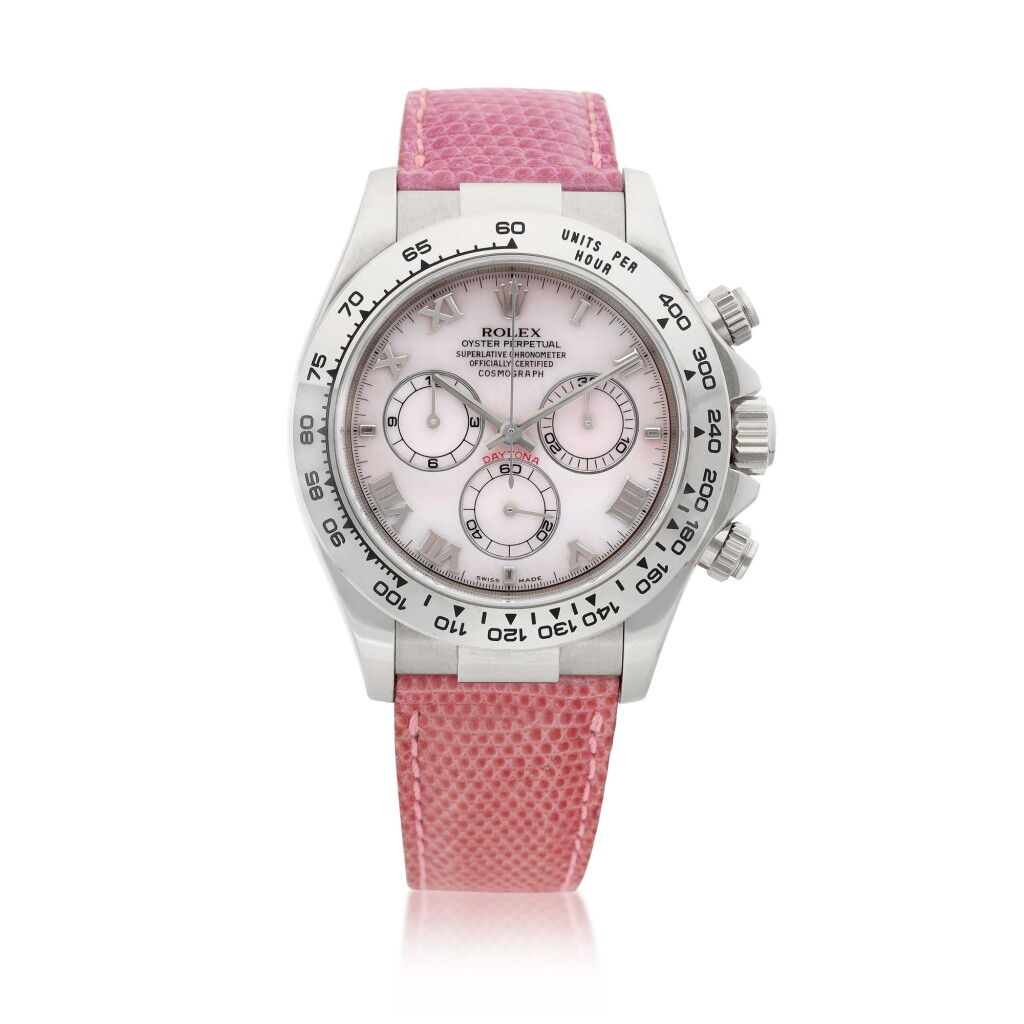 View full screen - View 1 of Lot 8010. Cosmograph Daytona "Beach", Reference 116519 | A white gold chronograph wristwatch with pink mother-of-pearl dial, Circa 2002 | 勞力士 | Cosmograph Daytona "Beach" 型號116519 | 白金計時腕錶,備粉紅色珠母貝錶盤,約2002年製.