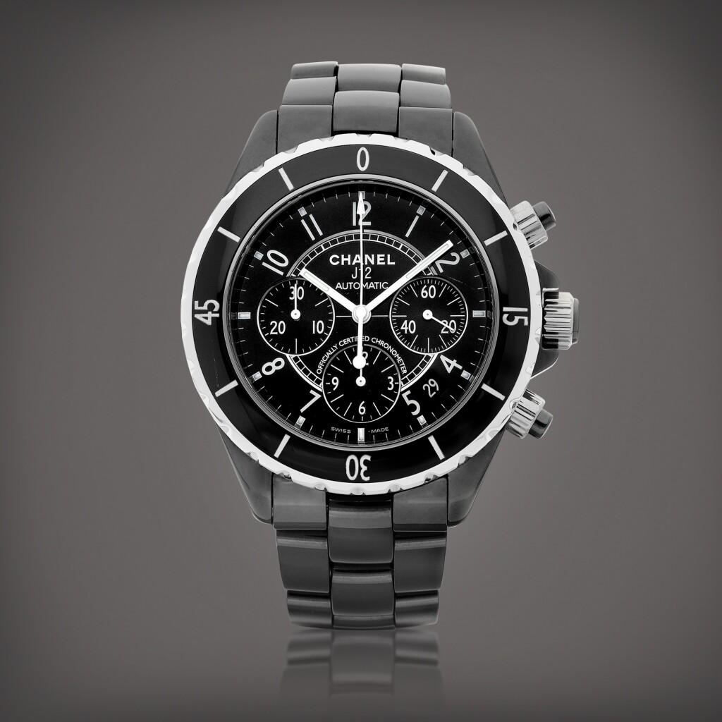 View full screen - View 1 of Lot 8899. J12 | A black ceramic and stainless steel chronograph wristwatch with date and bracelet, Circa 2008 | 香奈兒 | J12 | 黑色陶瓷及精鋼計時鏈帶腕錶,備日期顯示,約2008年製.