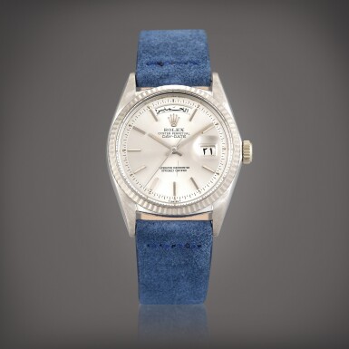 View full screen - View 1 of Lot 956. Day-Date, Reference 1803 | A white gold wristwatch with Arabic day and date, Circa 1960 | 勞力士 | Day-Date 型號1803 | 白金腕錶,備阿拉伯日期及星期顯示,約1960年製.