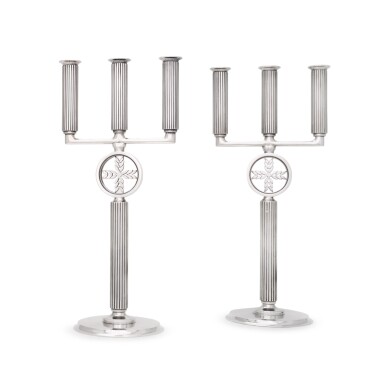 View full screen - View 1 of Lot 94. A pair of Danish silver three-light candelabra, Georg Jensen, Copenhagen, post-1945 marks, designed by Sigvard Bernadotte.