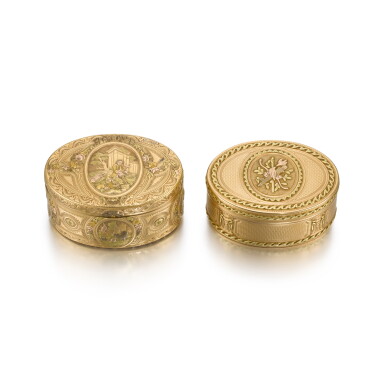 View full screen - View 1 of Lot 47. Two multicoloured gold boxes, Paris, 1765 and 1775.