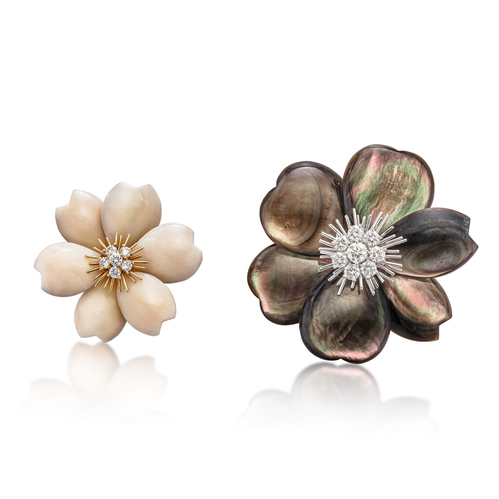 View full screen - View 1 of Lot 1710. ‘Rose de Noël’ Coral and Diamond Brooch and Mother-of-Pearl and Diamond Brooch | 梵克雅寶 | ‘Rose de Noël’ 珊瑚 配 鑽石 及 珍珠母 配 鑽石 胸針兩枚.