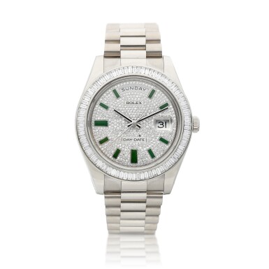 View full screen - View 1 of Lot 8001. Day-Date, Reference 218399 | A white gold and diamond-set wristwatch with day, date and bracelet, Circa 2012 | 勞力士 | Day-Date 型號218399 | 白金鑲鑽石鏈帶腕錶,備日期及星期顯示,約2012年製.