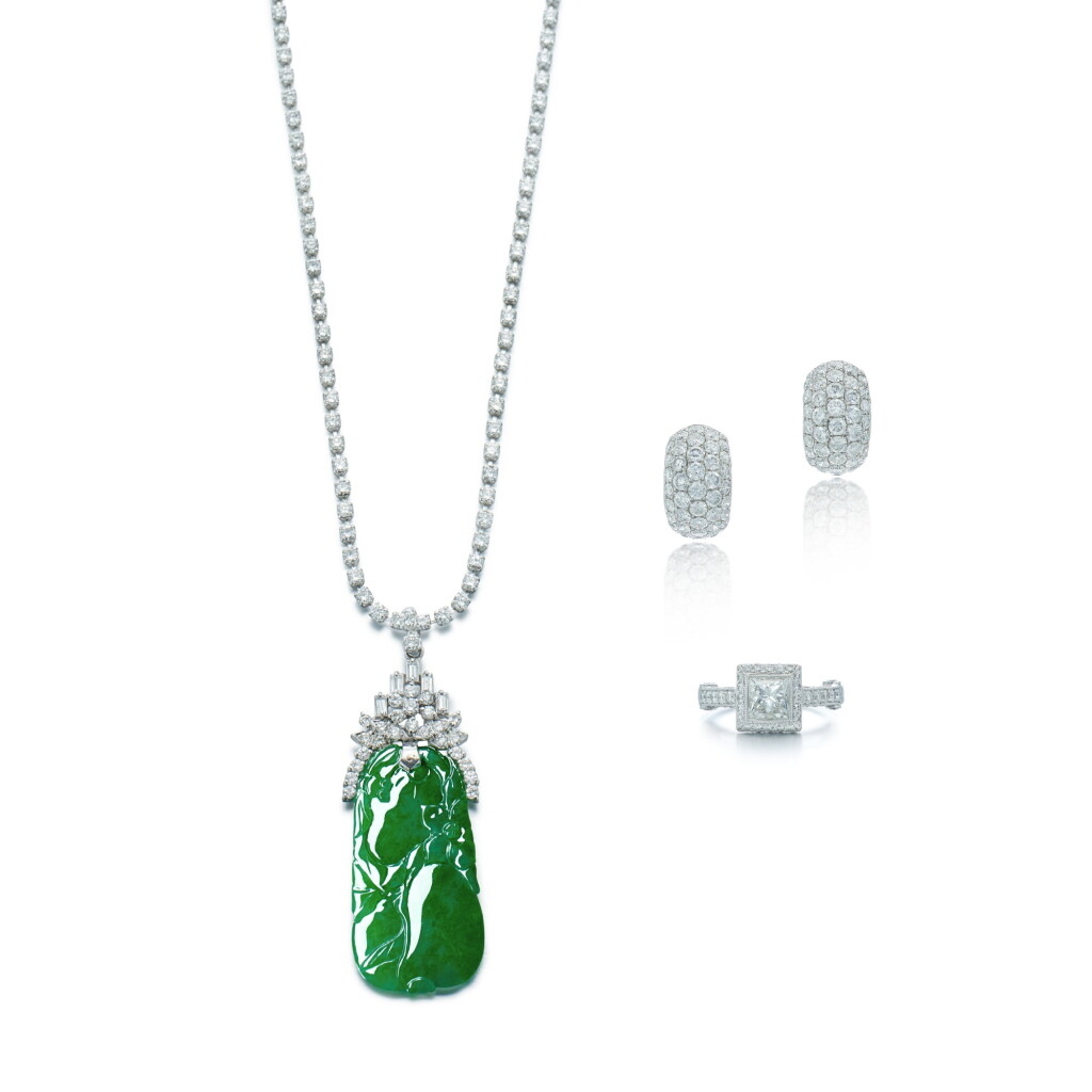 View full screen - View 1 of Lot 2021. Jadeite and Diamond Pendent Necklace; and Diamond Ring and Earrings | 天然翡翠 配 鑽石 吊墜項鍊;及 鑽石 戒指 配 耳環.
