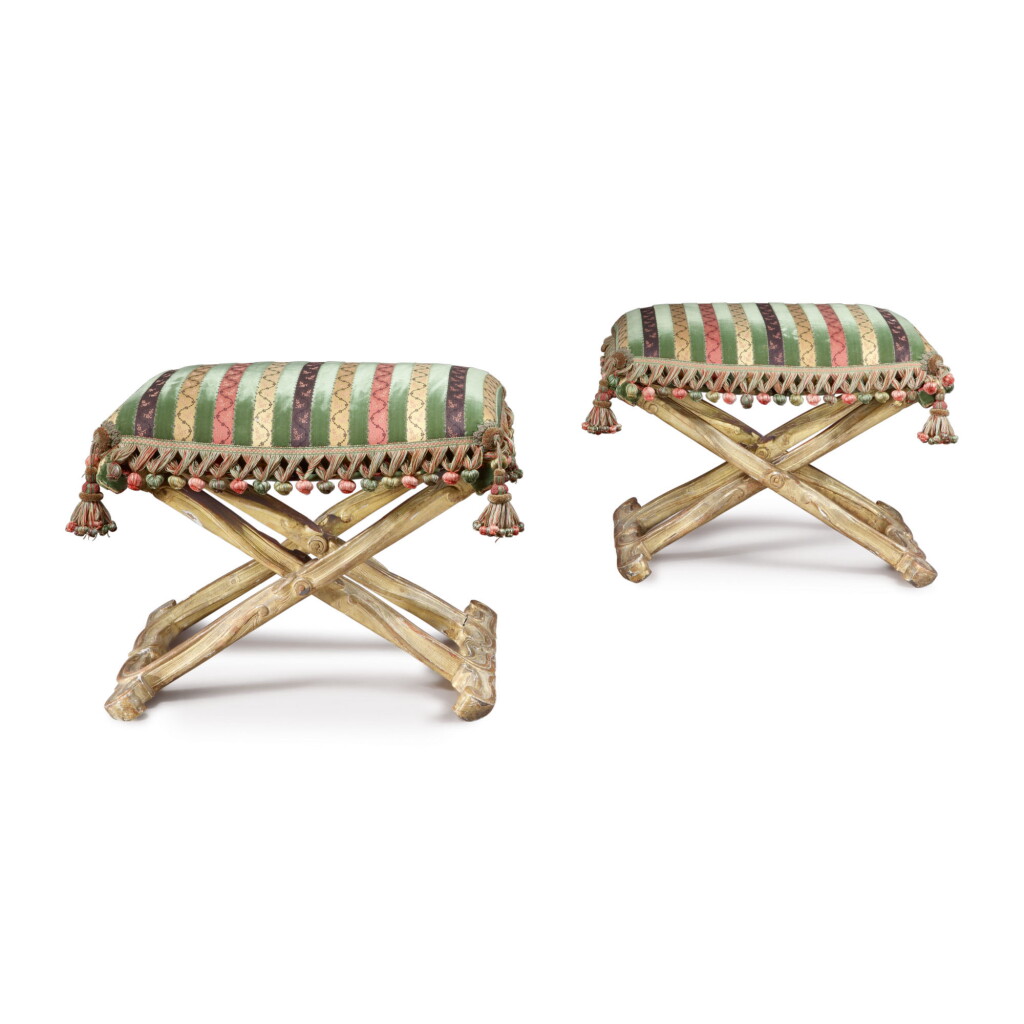 View full screen - View 1 of Lot 721. A PAIR OF LOUIS XV STYLE GILTWOOD PLIANTS IN THE MANNER OF FOLIOT.