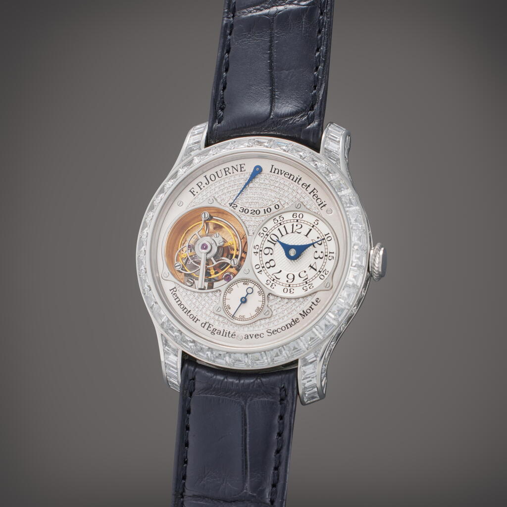 View full screen - View 1 of Lot 415. Tourbillon Souverain à Remontoir d'Égalité avec Seconde Morte 'Joaillerie' | A platinum and diamond-set tourbillon wristwatch with constant force remontoire, power reserve indication, and dead beat seconds, Circa 2010.