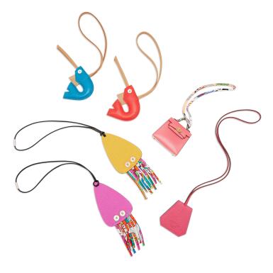 View full screen - View 1 of Lot 207. Set of Six Rose Lipstick Tadelakt Micro Mini Kelly Twilly Bag Charm, 2021, Two Squid Charms, Two Shrimp Charms and Capucine Hat Clip.