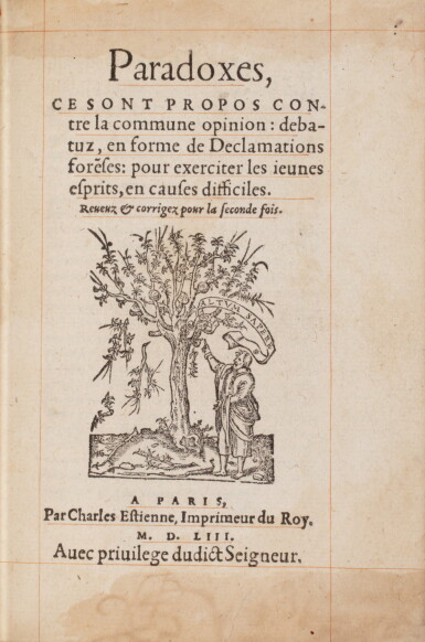 View full screen - View 1 of Lot 26. Paradoxes. Paris, 1553. In-8. Maroquin de Trautz-Bauzonnet. De la bibliohtèque du comte de Fresne..