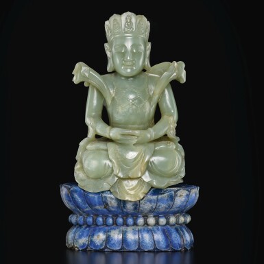 View full screen - View 1 of Lot 168. A rare pale green jade figure of a bodhisattva, Qing dynasty, 18th / 19th century | 清十八 / 十九世紀 青玉雕菩薩坐像.