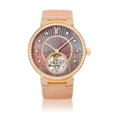 View full screen - View 1 of Lot 8047. Tambour Slim Tourbillon 38, Reference Q1361 | A pink gold and diamond-set tourbillon wristwatch with mother-of-pearl dial, Circa 2018 | 路易威登 | Tambour Slim Tourbillon 38 型號Q1361 | 粉紅金鑲鑽石陀飛輪腕錶,備珠母貝錶盤,約2018年製.