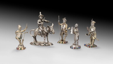 View full screen - View 1 of Lot 370. A German group of five silver and shell figures insert with coloured glass, Germany, circa 1900 | Groupe de cinq statuettes en argent et coquillage sertis de cabochons de verre de couleur, Allemagne, vers 1900.