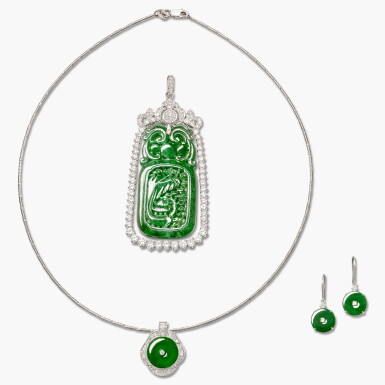 View full screen - View 1 of Lot 1362. Group of Jadeite and Diamond Jewellery | 天然翡翠 配 鑽石 珠寶首飾一组.