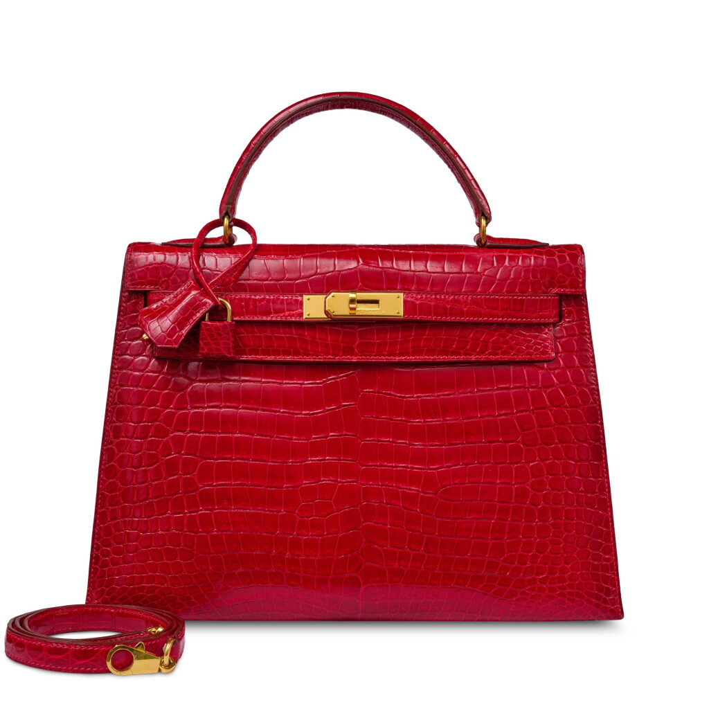 View full screen - View 1 of Lot 94. Vintage Rouge Braise Shiny Porosus Crocodile Kelly 32 Sellier Gold Hardware, 1999.