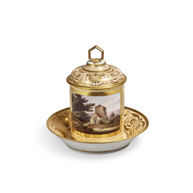 View full screen - View 1 of Lot 371. A Worcester (Barr, Flight and Barr) Salmon Pink-Ground Topographical Cup, Cover, and Stand, Circa 1807-13.