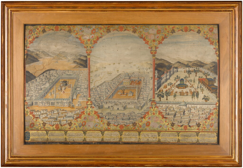 View full screen - View 1 of Lot 102. A large painting depicting Mecca, Medina and Jerusalem, signed by Mehmed Sadiq, Turkey, Ottoman, 19th century.