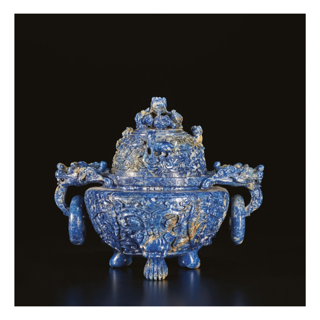 View full screen - View 1 of Lot 667. A LAPIS LAZULI TRIPOD CENSER AND COVER, QING DYNASTY, 19TH CENTURY.