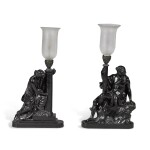 A pair of George III bronzed Coade stone lamps, late 18th century
