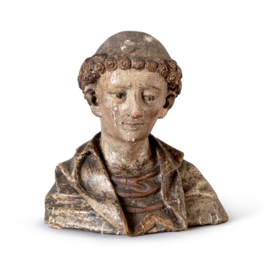 View full screen - View 1 of Lot 739. A SMALL NETHERLANDISH POLYCHROME OAK BUST OF A MALE SAINT EARLY 16TH CENTURY.