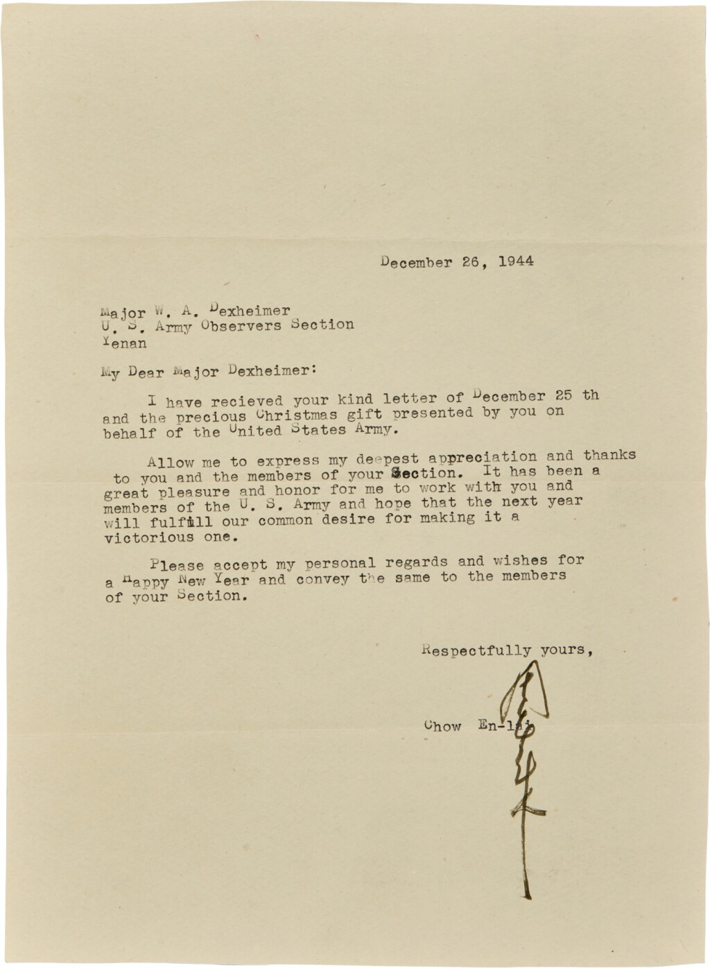View full screen - View 1 of Lot 228. Zhou Enlai, Autographed letter to Major Wilbur A. Dexheimer, 26th December 1944.
