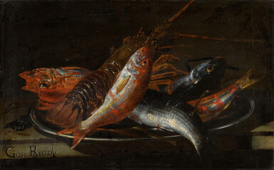 View full screen - View 1 of Lot 33. Still life of fish and a lobster on a platter, on a stone ledge.