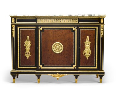 View full screen - View 1 of Lot 118. A French gilt-bronze mounted ebony and acajou moucheté cabinet, after Weisweiler, Paris, 1880.