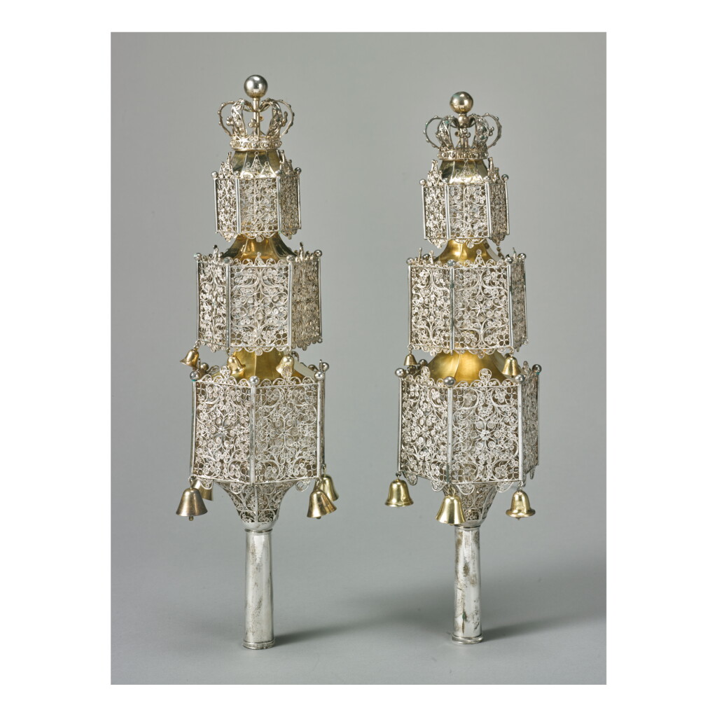 View full screen - View 1 of Lot 1. A PAIR OF LARGE DUTCH PARCEL-GILT SILVER AND FILIGREE TORAH FINIALS, HEDDE BUYS OF SHOONHOVEN, 1845.