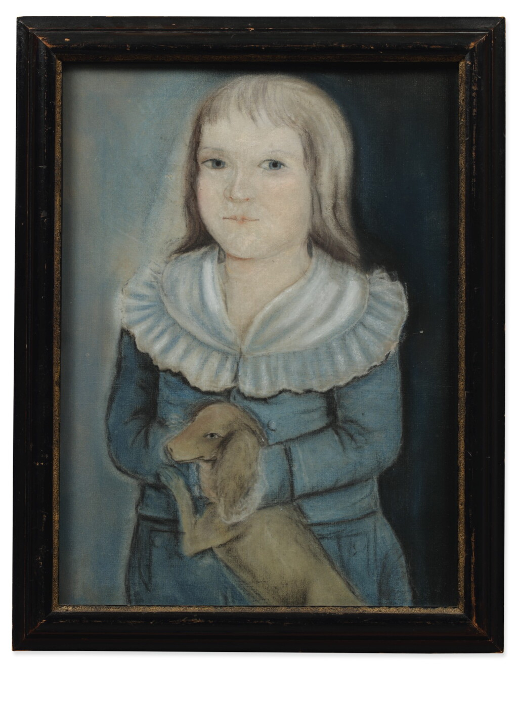 View full screen - View 1 of Lot 157. Portrait of a Blonde Haired Young Boy in a Blue Suit with White Ruffled Collar Embracing his Pet Dog.
