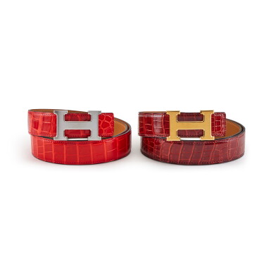 View full screen - View 1 of Lot 159. Set of Two Belts: Rouge H Porosus Crocodile Gold Hardware, Size 90 and Bougainvillier Porosus Crocodile Palladium Hardware, size 90, circa 2013.