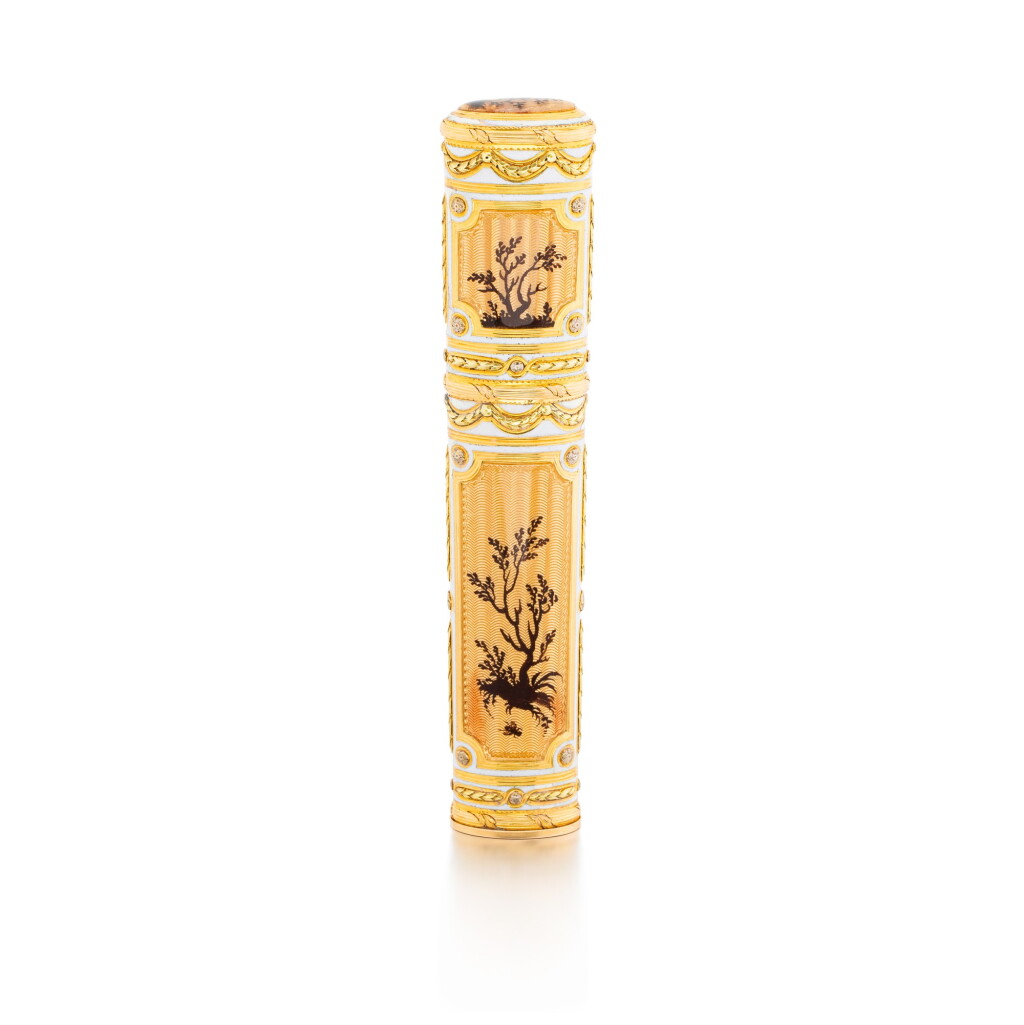 View full screen - View 1 of Lot 1186. A varicoloured gold and enamel étui-à-cire, Charles le Bastier, Paris, 1776.