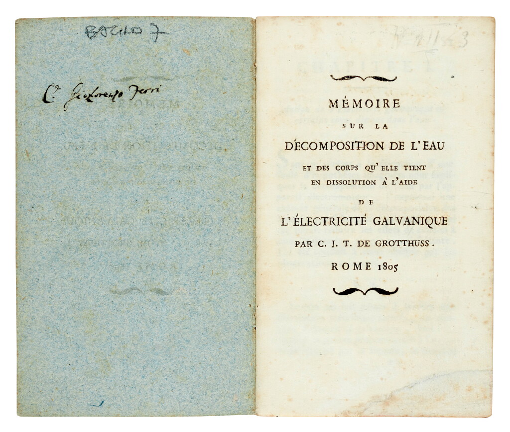 View full screen - View 1 of Lot 71. Grotthuss, Mémoire sur la décomposition de l'eau, Rome, 1805, contemporary wrapper.